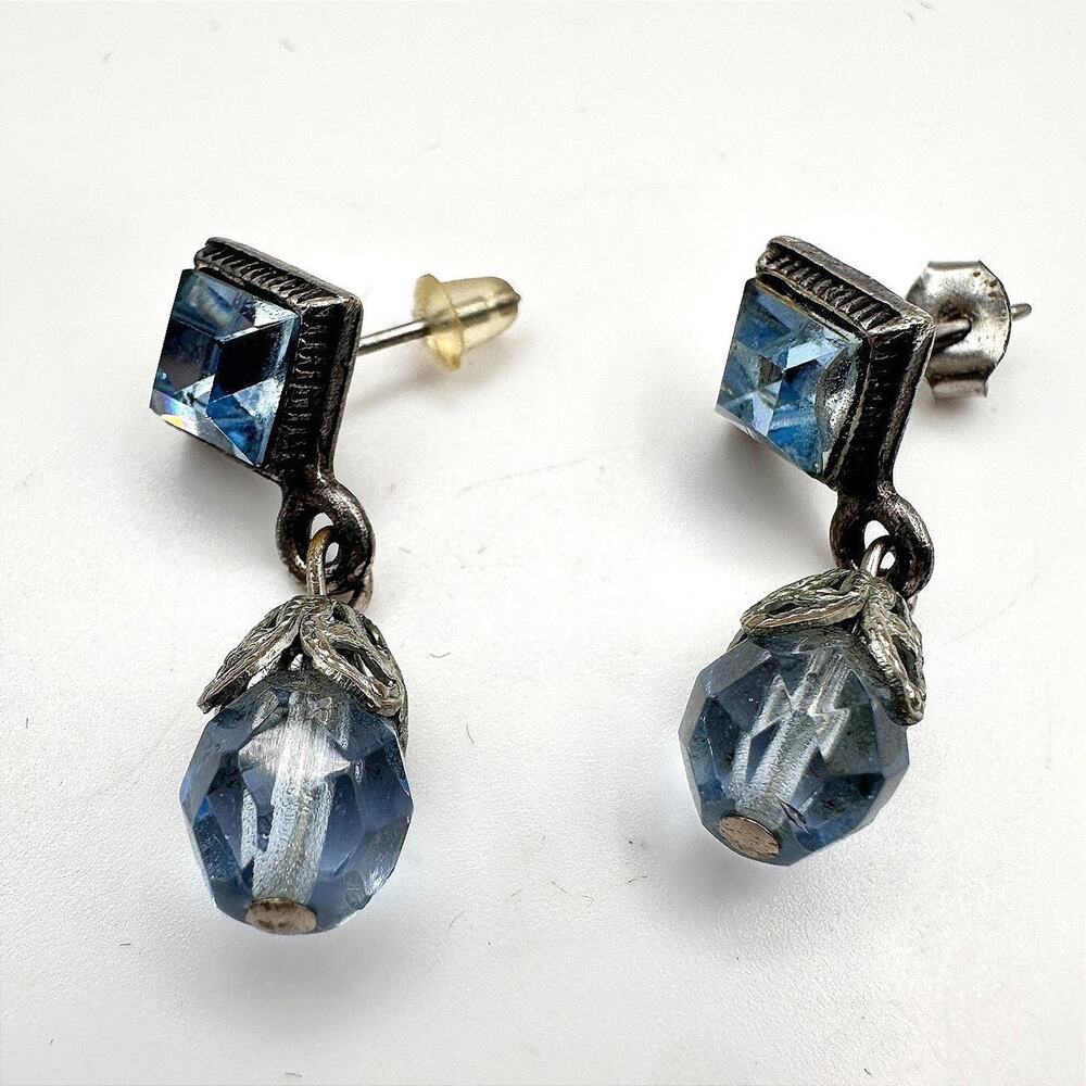 Vintage 90s Blue Glass Dangle Earrings Silver Tone Teardrop Fashion Jewelry Y2K